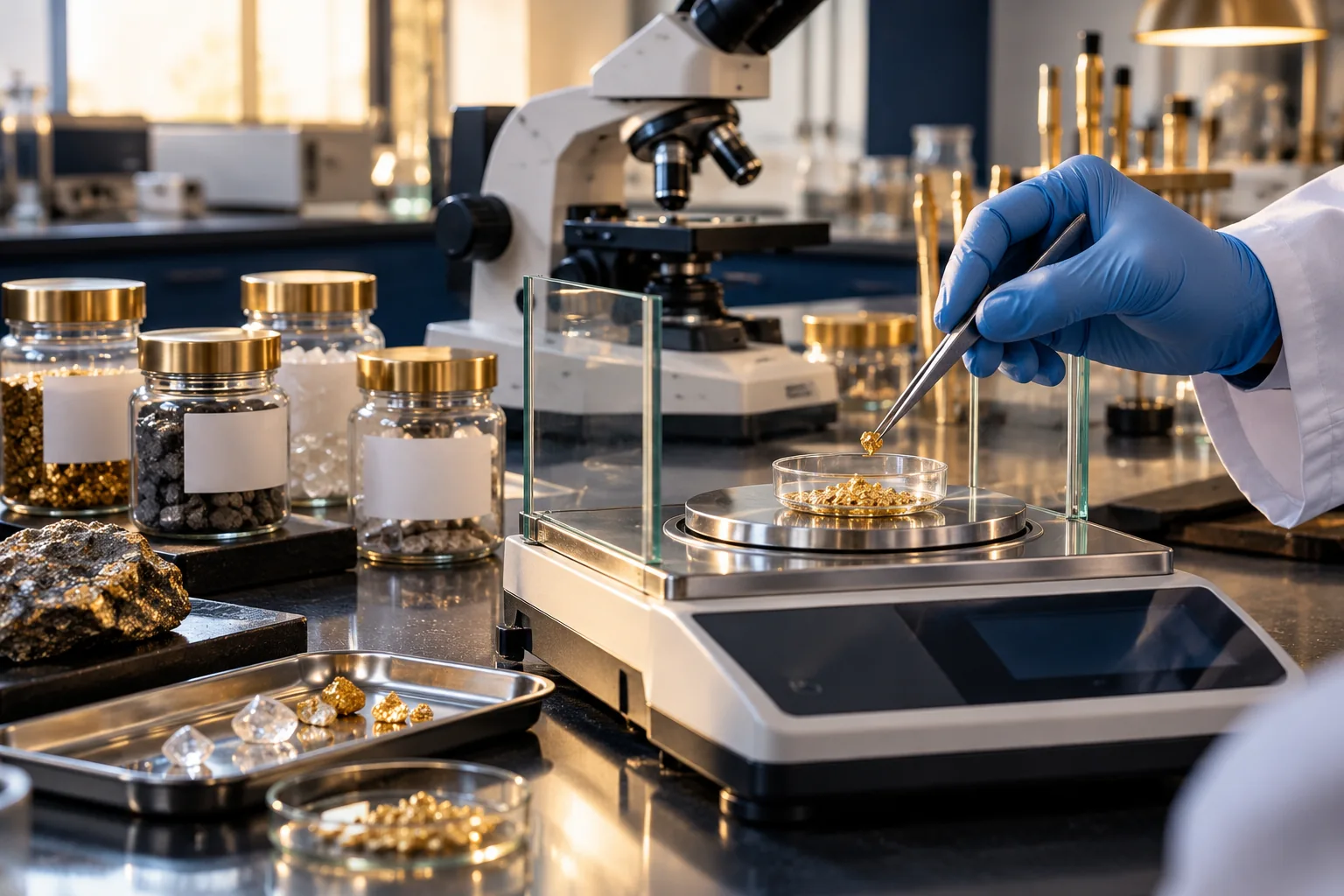 Gloved hand carefully placing gold sample on a laboratory balance